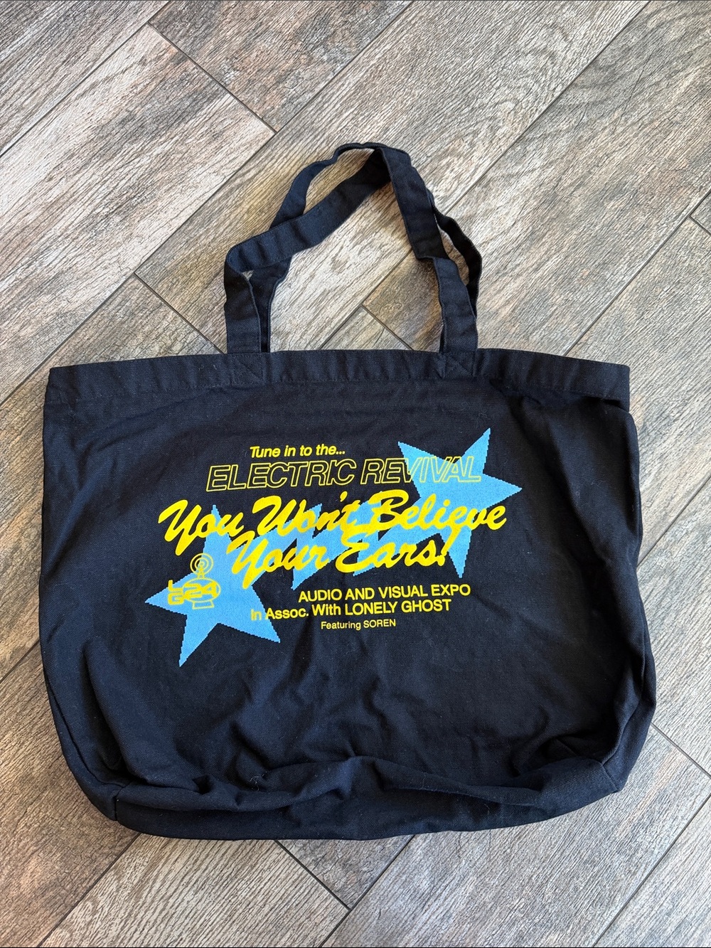 LONELY GHOST Black Tote with Yellow Script & Blue Star Graphics